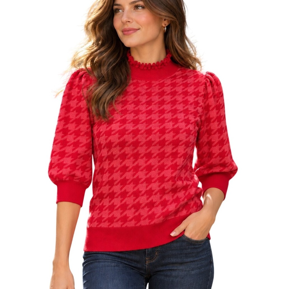 Ann Taylor Factory Red Houndstooth Ruffle Mock Neck Puff Shoulder Sweater S